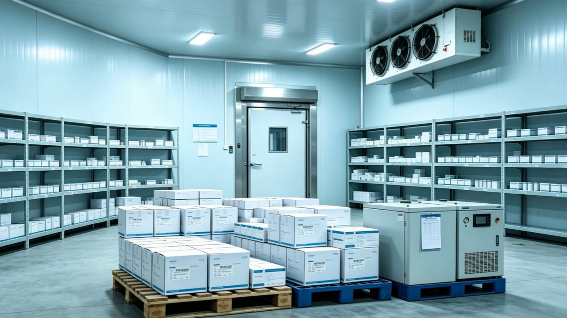 Walk-In Cold Room — Evaporator Unit, Racked Inventory & Hermetical Door